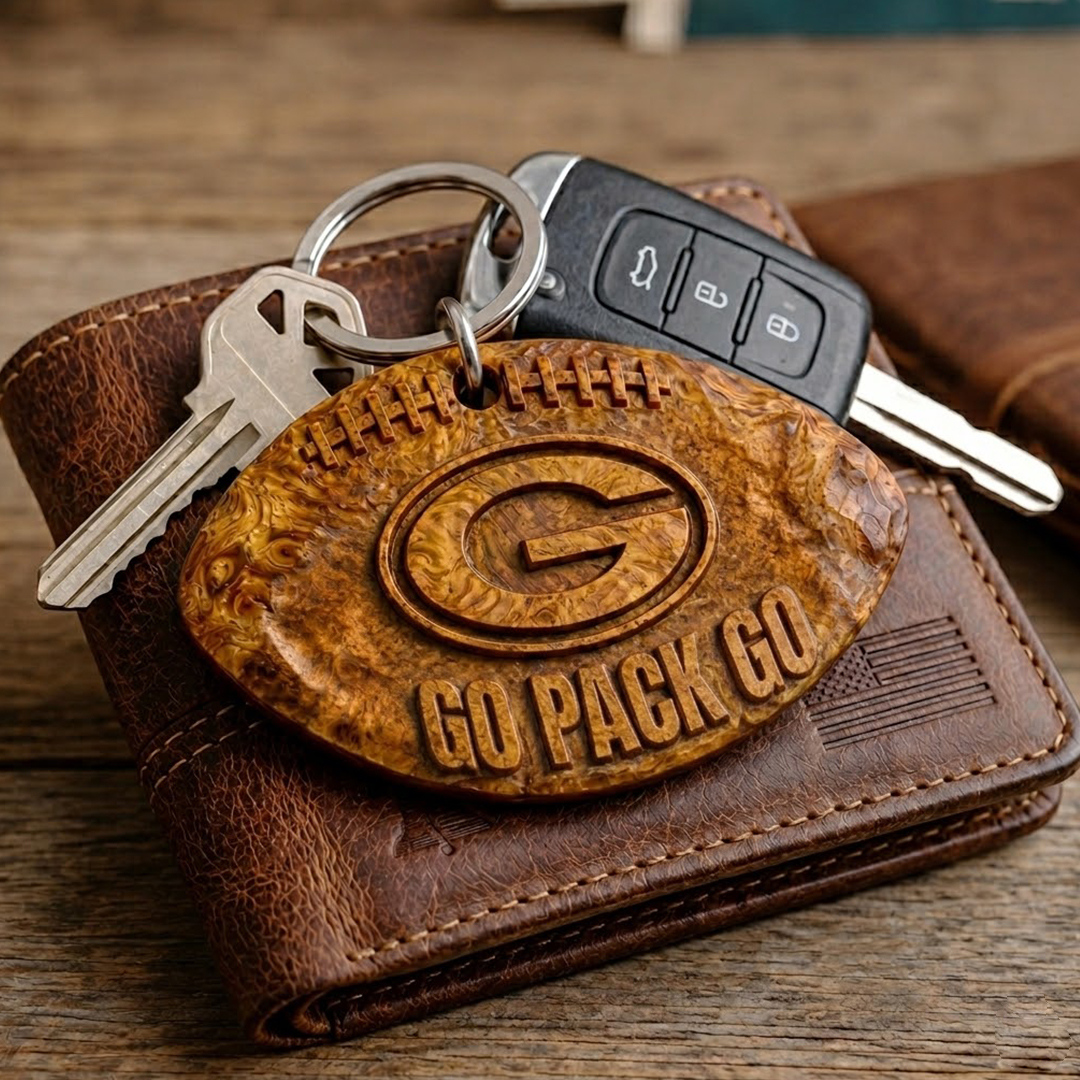 Hand-Carved Green Bay Packers Wooden Keychain – Custom Name - Image 3