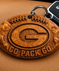 Hand-Carved Green Bay Packers Wooden Keychain – Custom Name