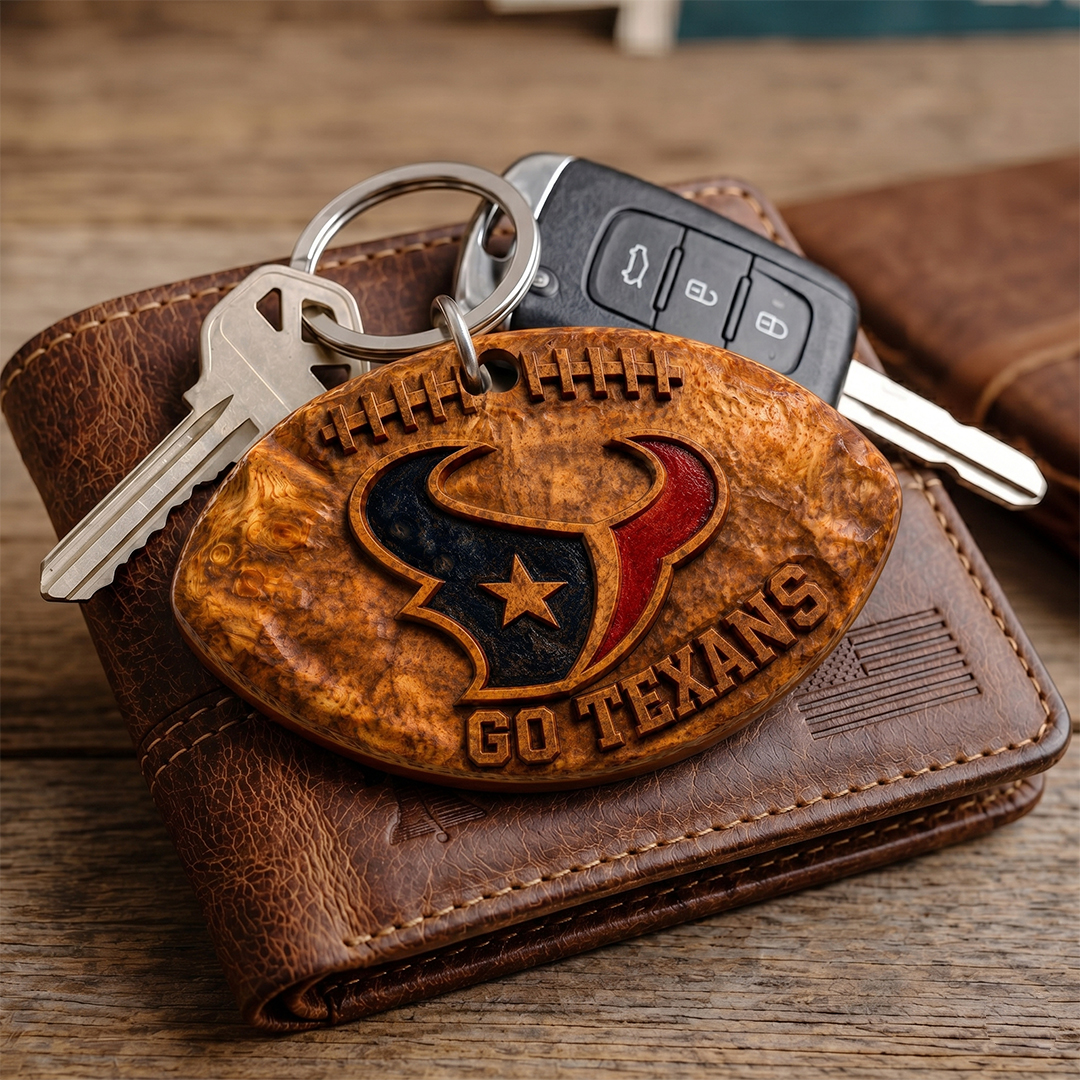 Hand-Carved Houston Texans Wooden Keychain – Custom Name - Image 3
