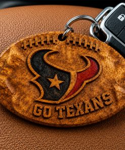 Hand-Carved Houston Texans Wooden Keychain – Custom Name