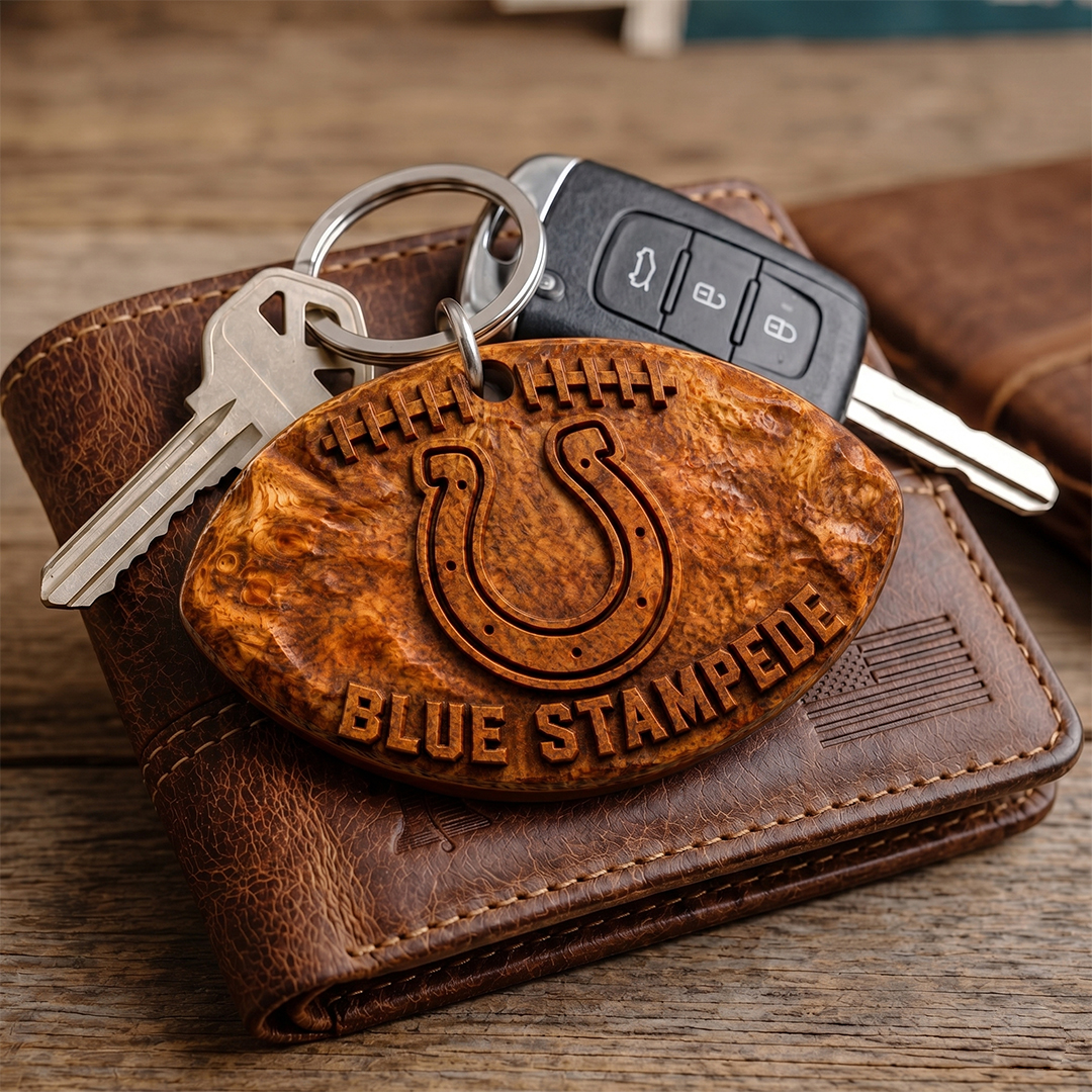 Hand-Carved Indianapolis Colts Wooden Keychain – Custom Name - Image 3