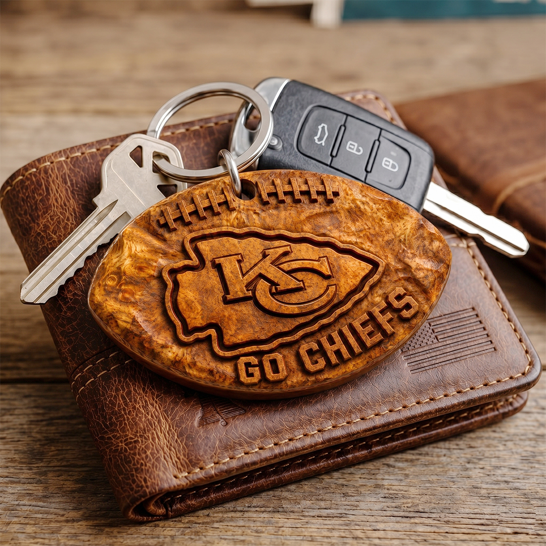 Hand-Carved Kansas City Chiefs Wooden Keychain – Custom Name - Image 3