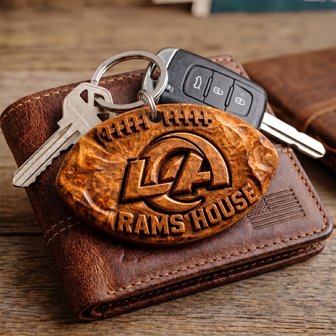 Hand-Carved Los Angeles Rams Wooden Keychain – Custom Name - Image 3