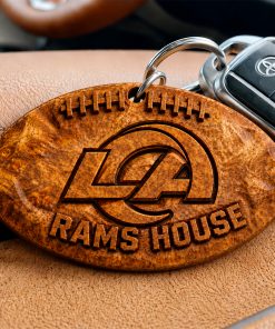 Hand-Carved Los Angeles Rams Wooden Keychain – Custom Name