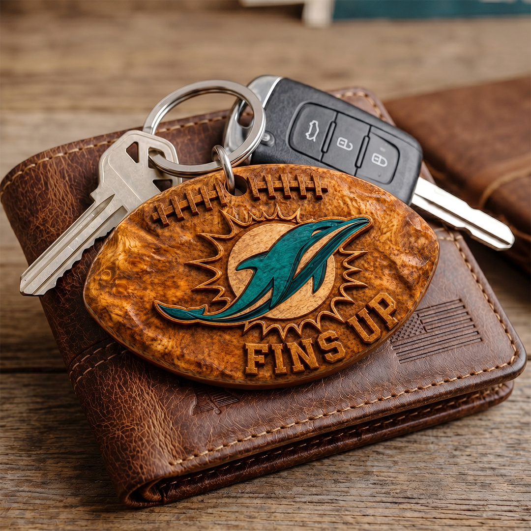 Hand-Carved Miami Dolphins Wooden Keychain – Custom Name - Image 3