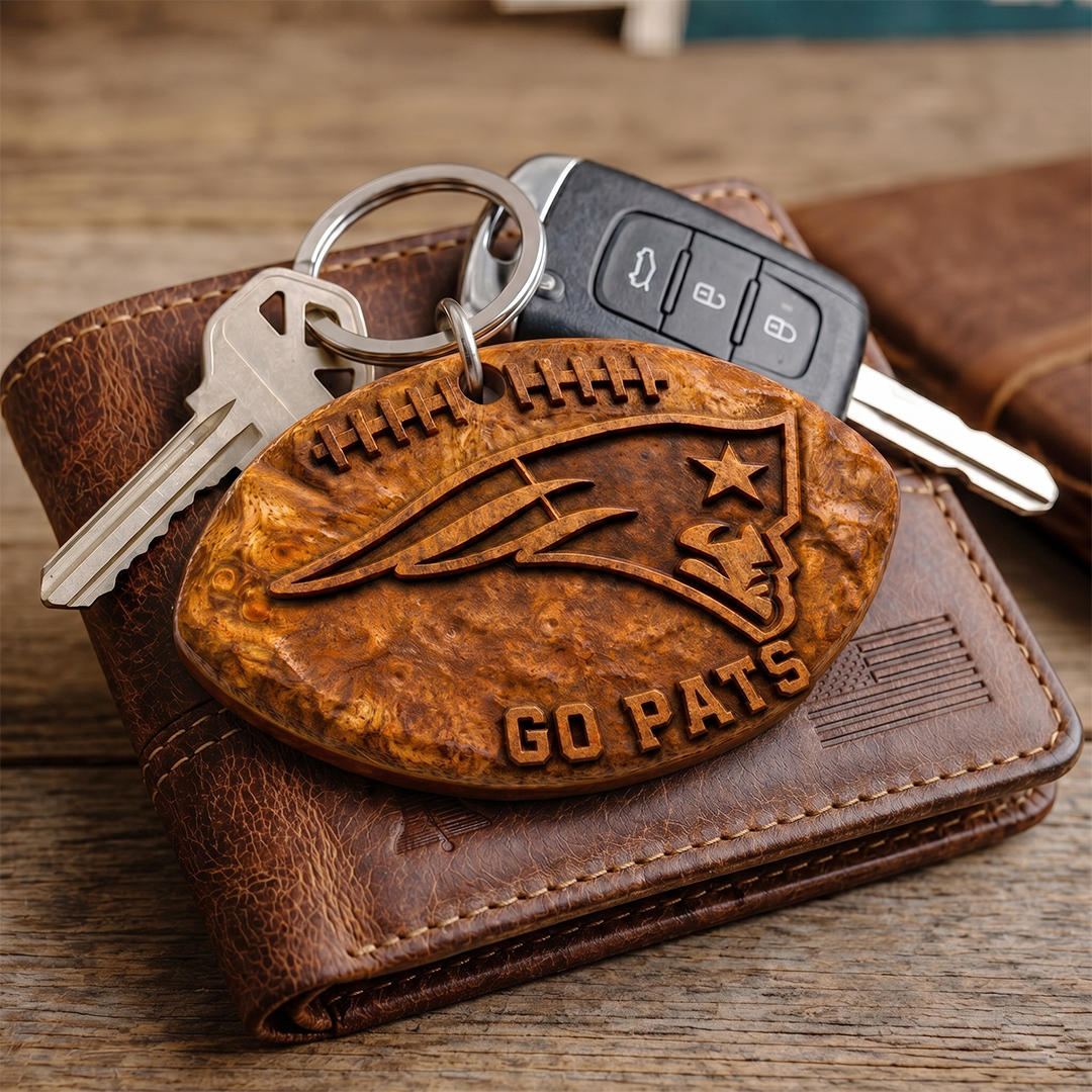 Hand-Carved New England Patriots Wooden Keychain – Custom Name - Image 3