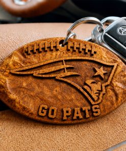 Hand-Carved New England Patriots Wooden Keychain – Custom Name