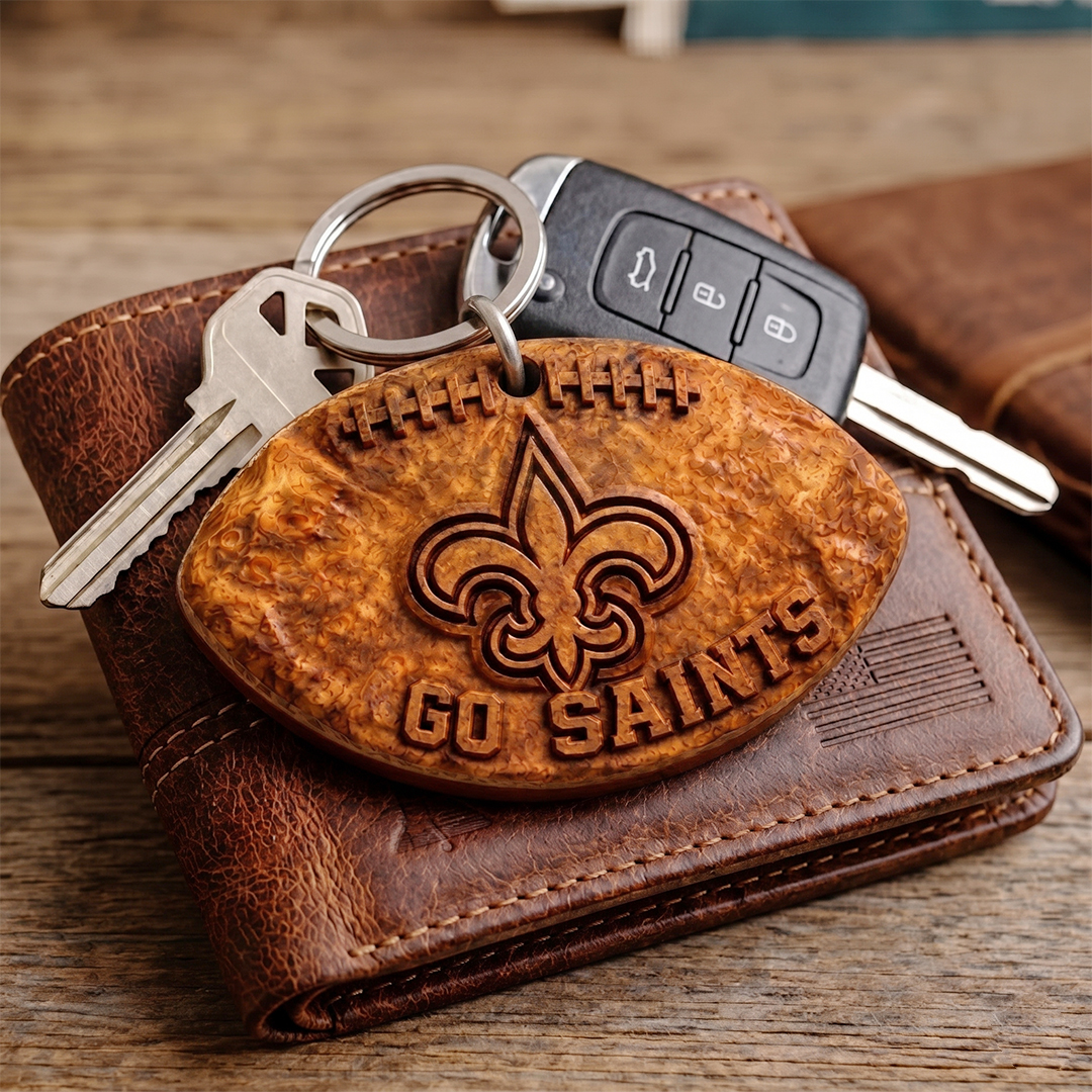 Hand-Carved New Orleans Saints Wooden Keychain – Custom Name - Image 3