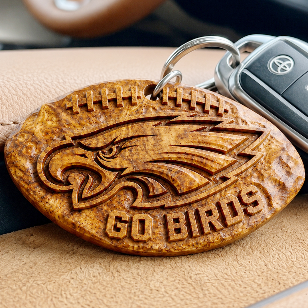 Hand-Carved Football Team Wooden Keychain – Custom Name