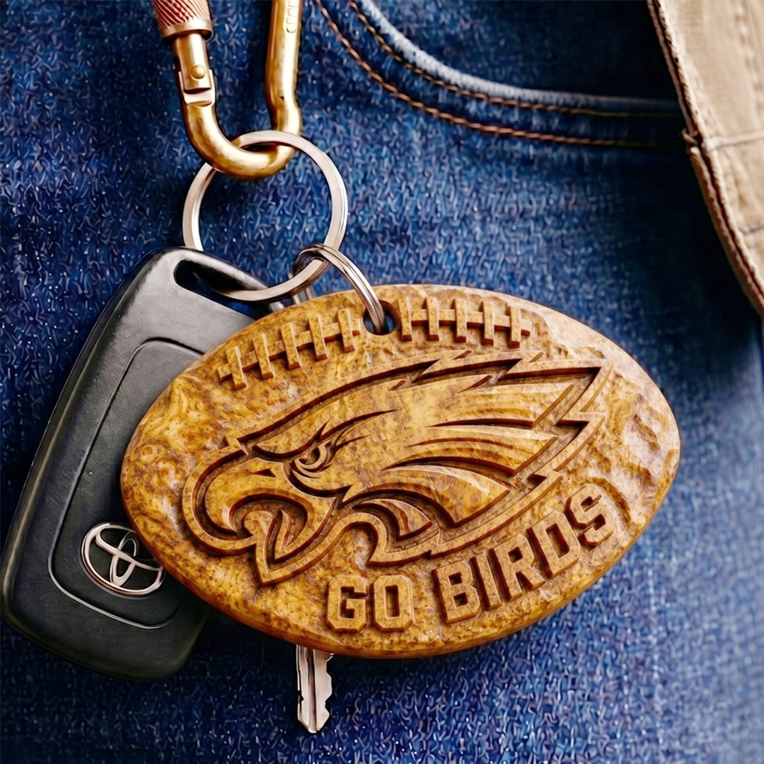 Hand-Carved Football Team Wooden Keychain – Custom Name - Image 3