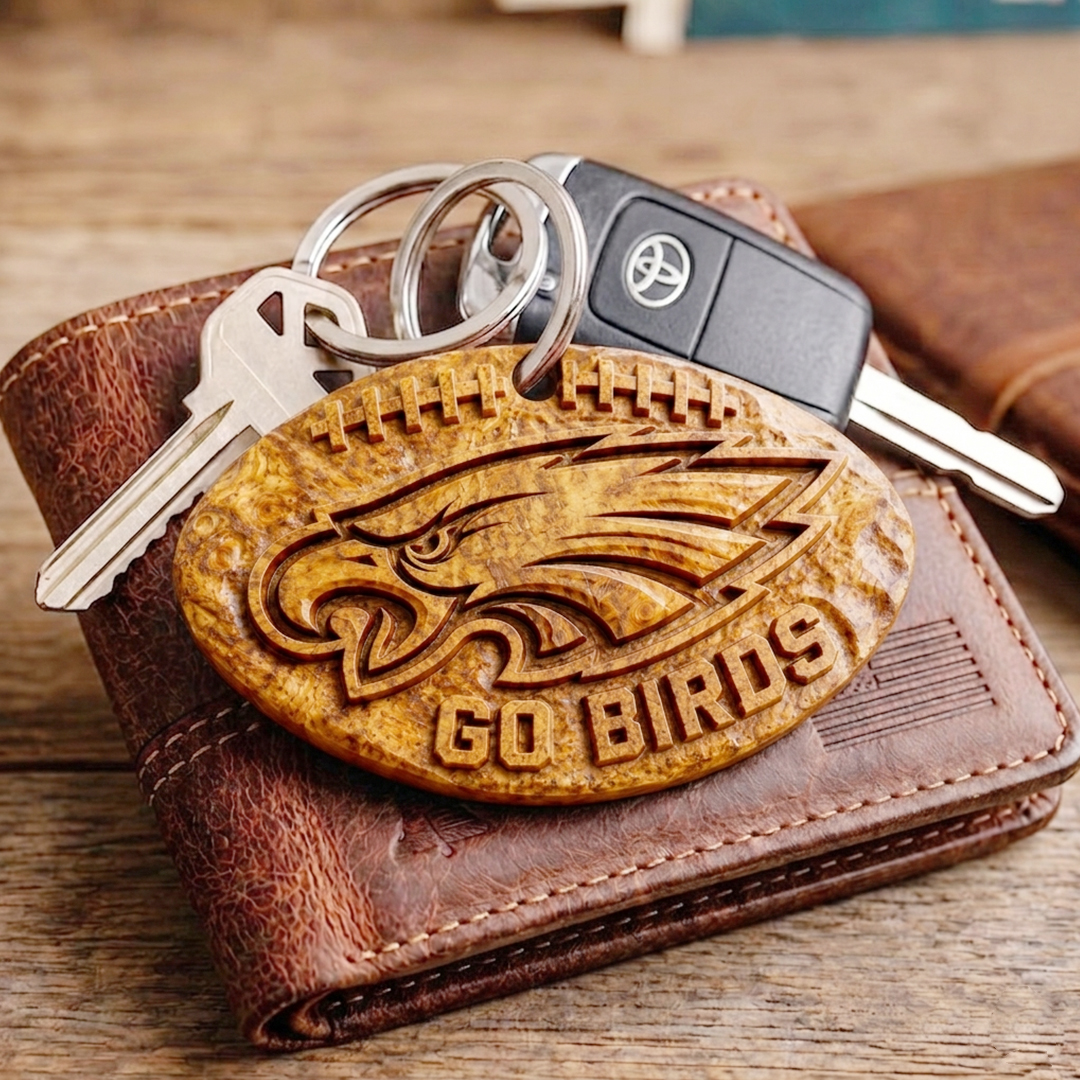 Hand-Carved Philadelphia Eagles Wooden Keychain – Custom Name - Image 4