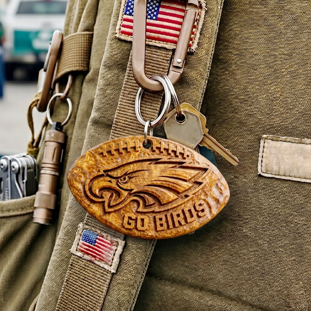 Hand-Carved Philadelphia Eagles Wooden Keychain – Custom Name - Image 5