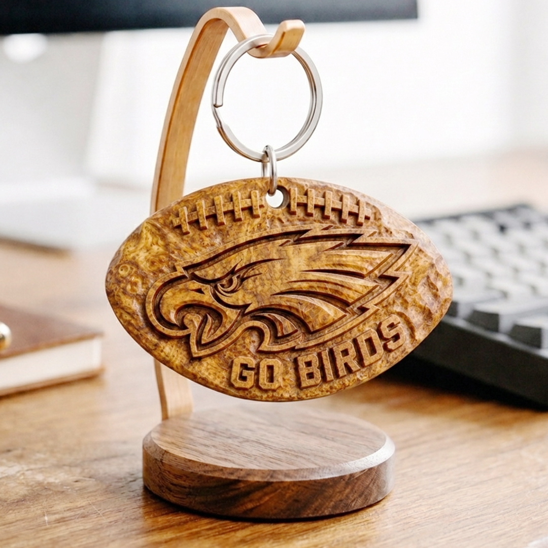 Hand-Carved Philadelphia Eagles Wooden Keychain – Custom Name - Image 6