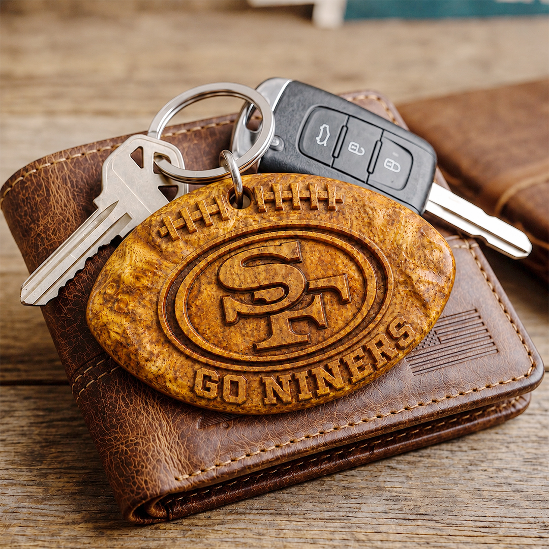 Hand-Carved San Francisco 49ers Wooden Keychain – Custom Name - Image 3