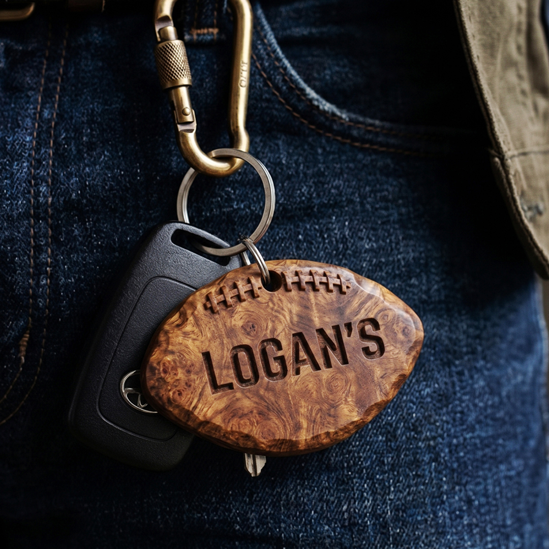 Hand-Carved Baltimore Ravens Wooden Keychain – Custom Name - Image 2