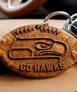 Hand-Carved Seattle Seahawks Wooden Keychain – Custom Name