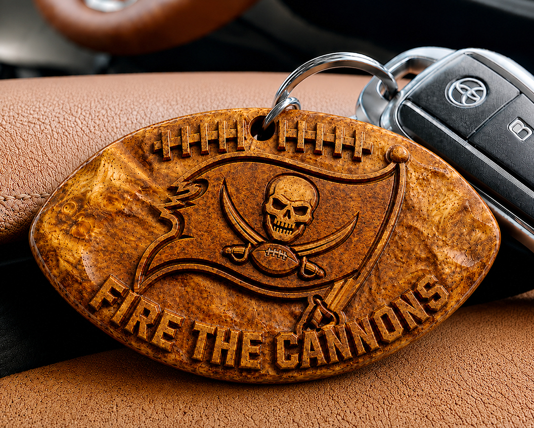 Hand-Carved Tampa Bay Buccaneers Wooden Keychain – Custom Name