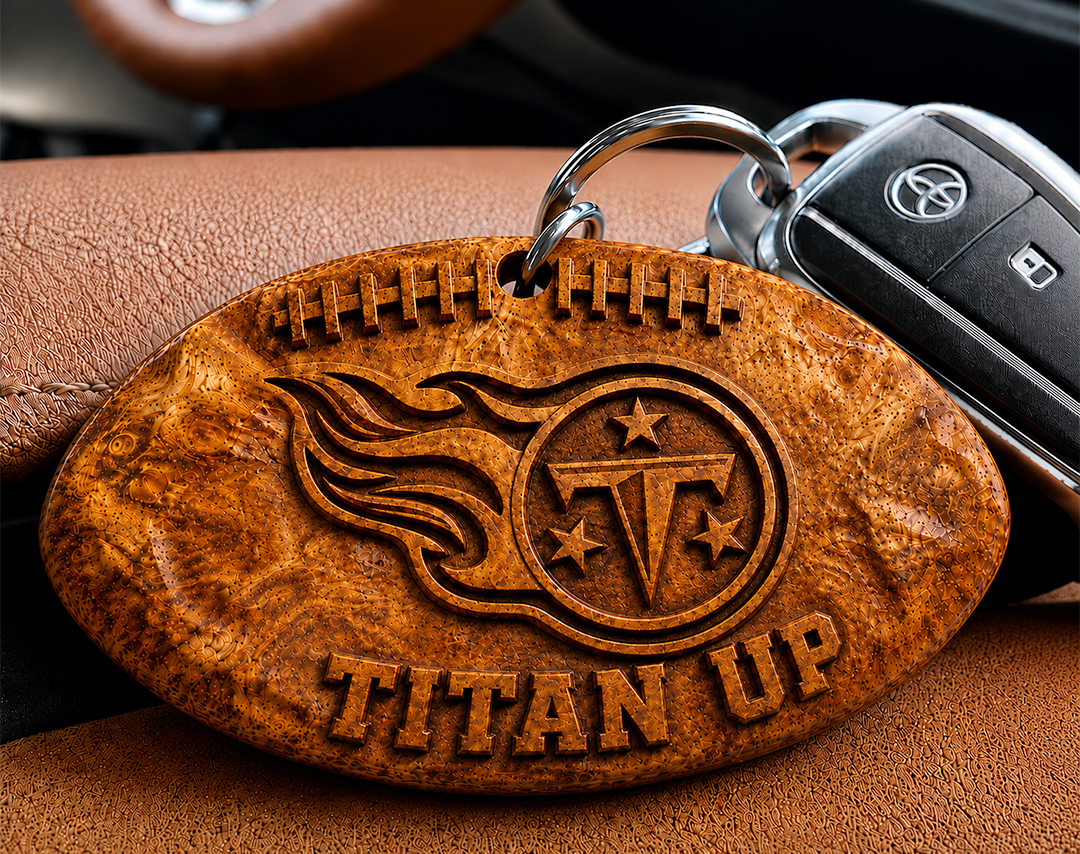 Hand-Carved Tennessee Titans Wooden Keychain – Custom Name