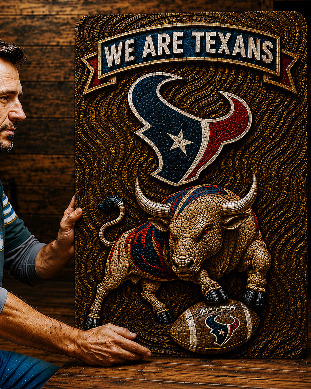 Hand-Carved Texans Wooden Wall Art - Image 2