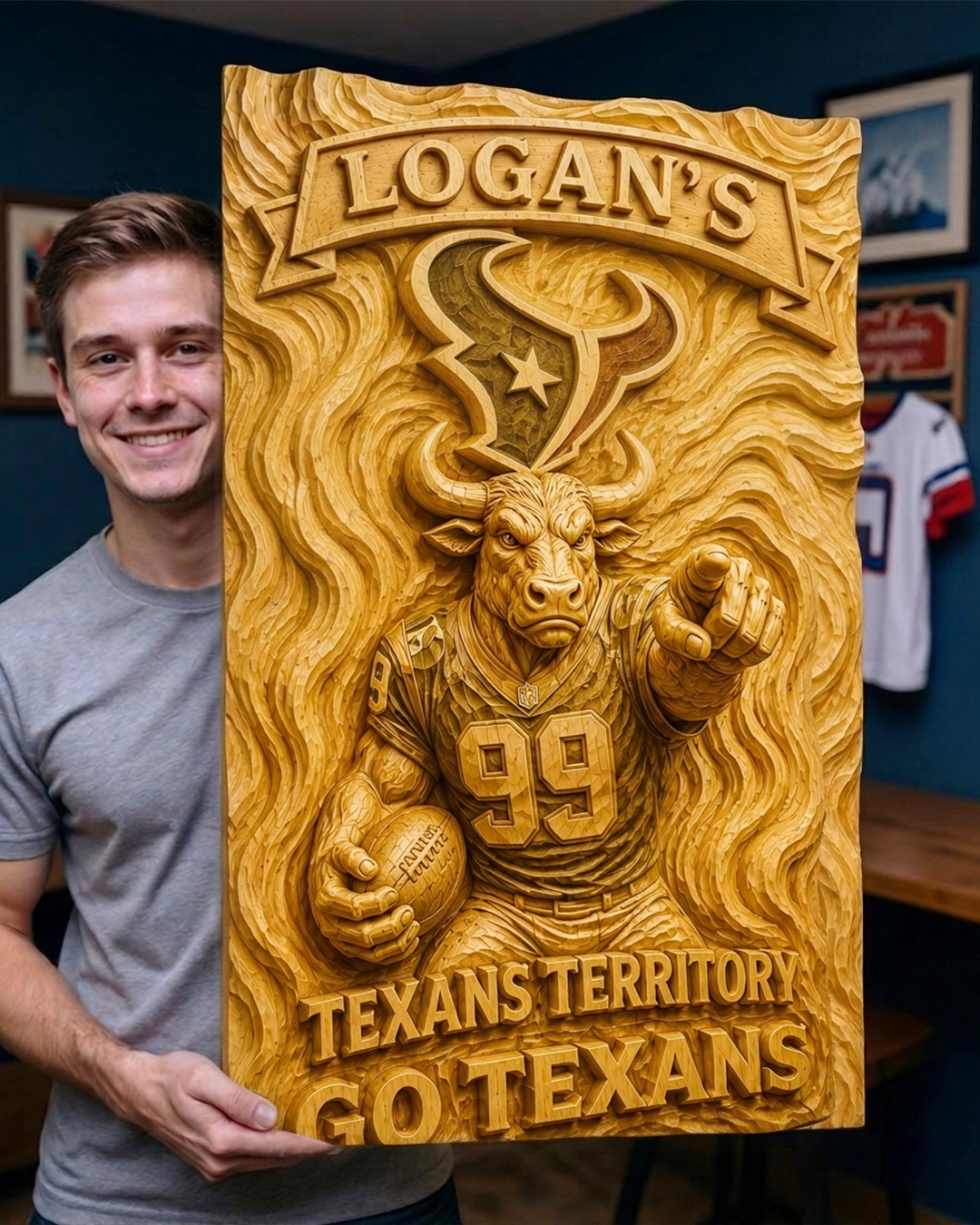 Hand-Carved Texans Wooden Wall Art – Custom Name - Image 2