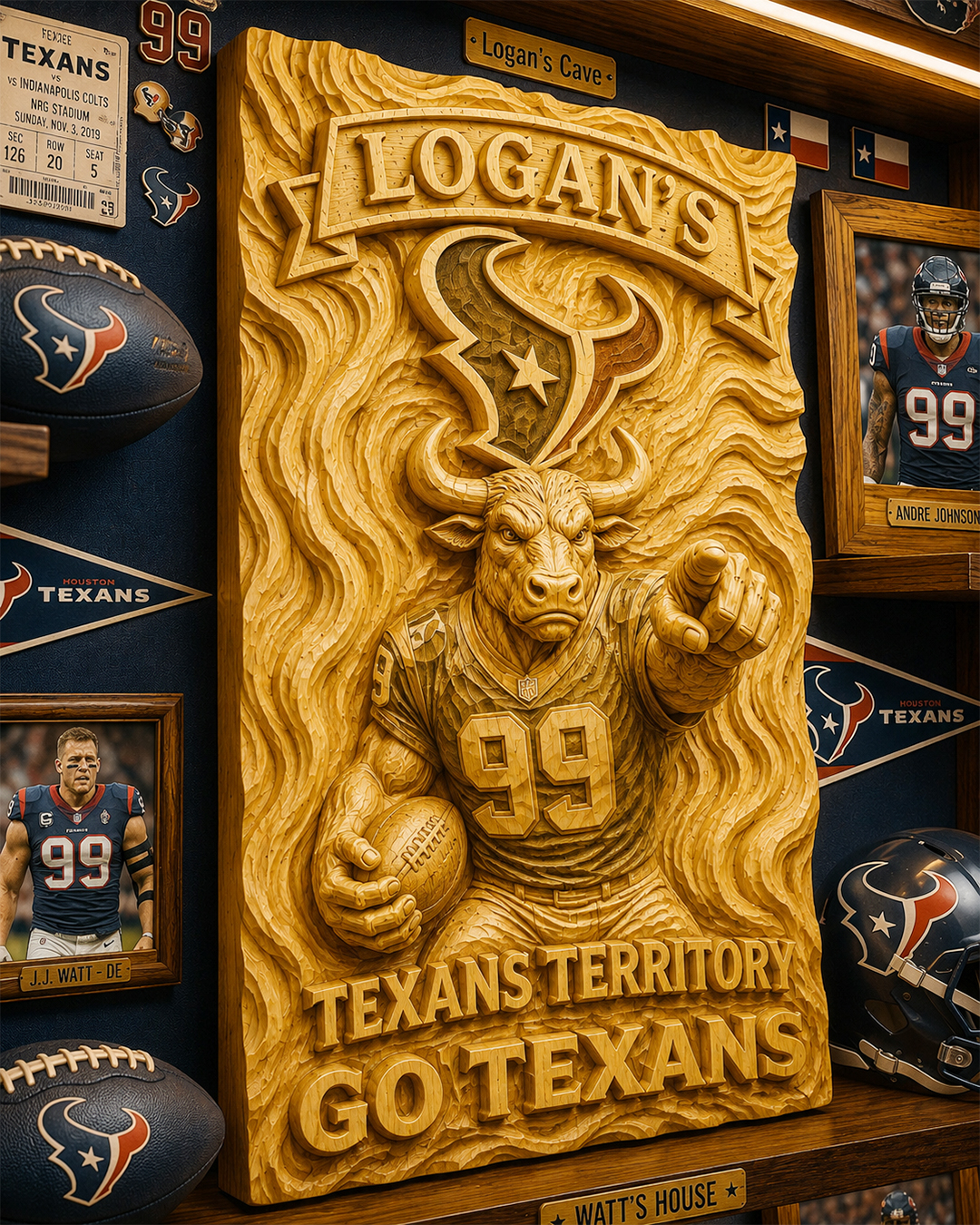 Hand-Carved Texans Wooden Wall Art – Custom Name