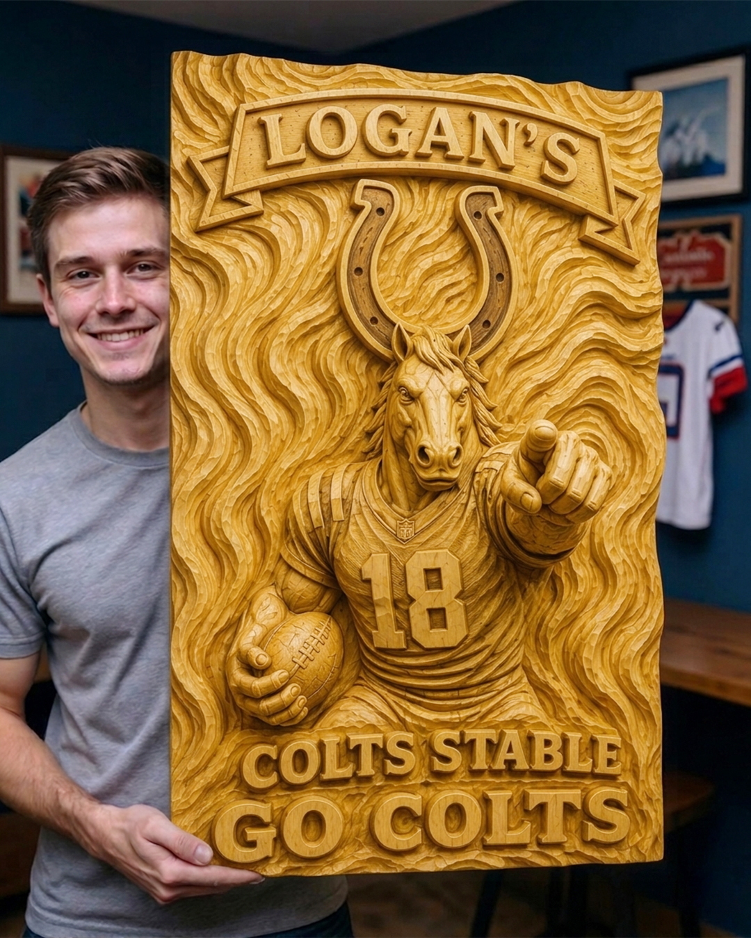 Hand-Carved Colts Wooden Wall Art – Custom Name - Image 2