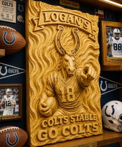 Hand-Carved Colts Wooden Wall Art – Custom Name
