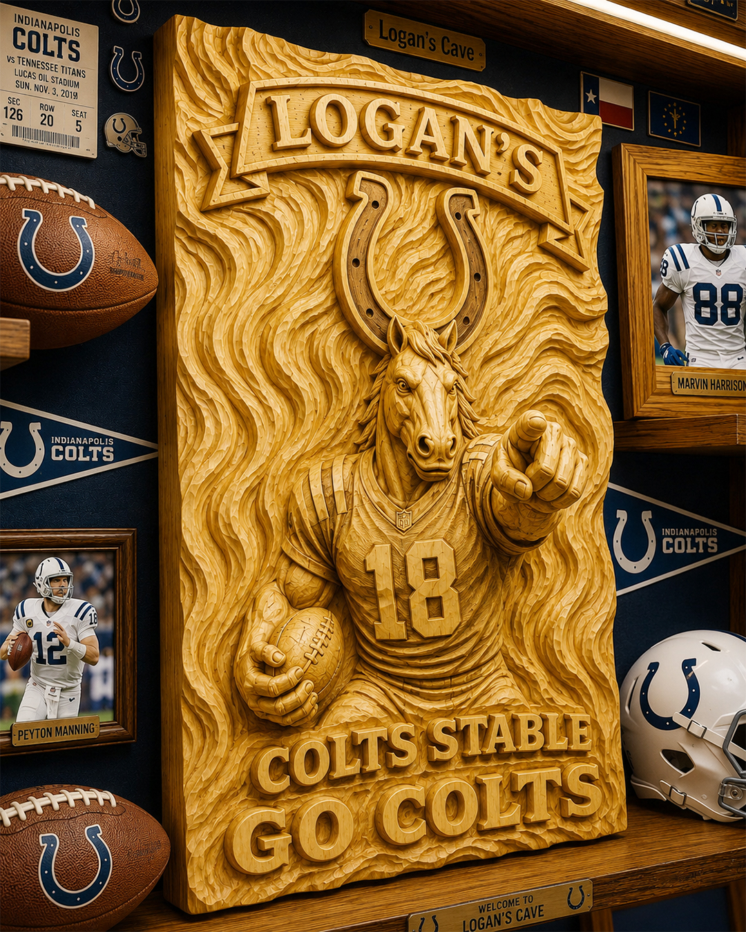 Hand-Carved Colts Wooden Wall Art – Custom Name