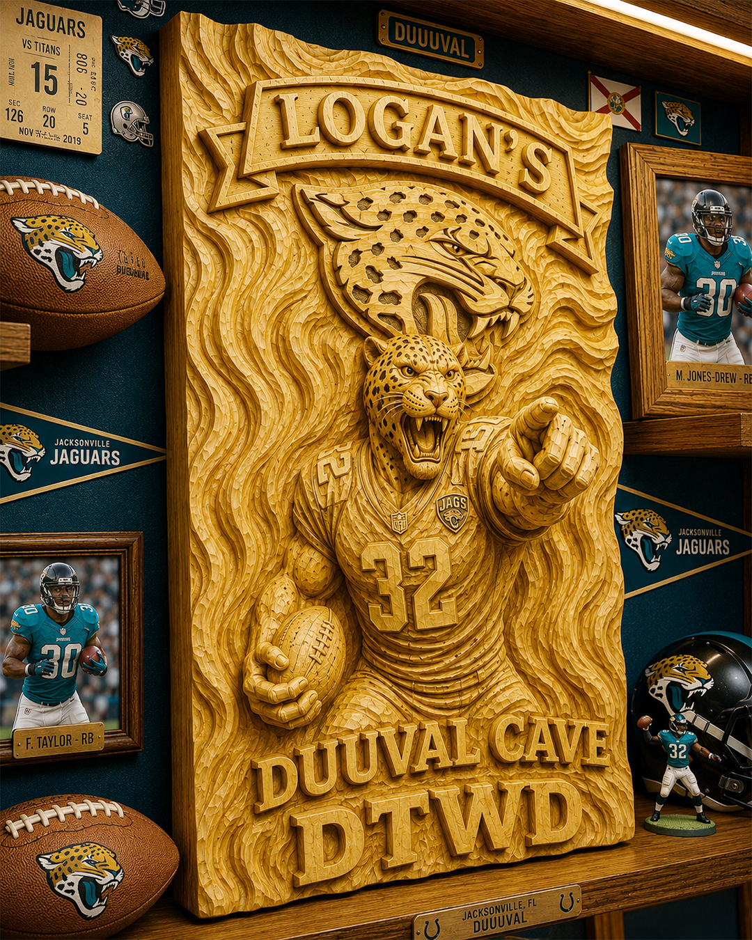 Hand-Carved Jacksonville Jaguars Wooden Wall Art – Custom Name