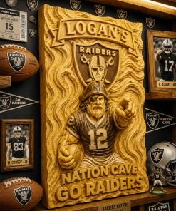 Hand-Carved Raiders Wooden Wall Art – Custom Name