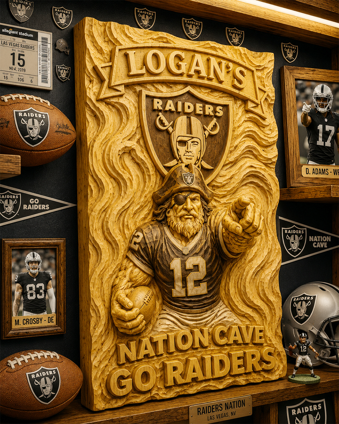 Hand-Carved Raiders Wooden Wall Art – Custom Name