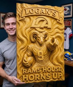 Alternative view of Hand-Carved Rams Wooden Wall Art – Custom Name