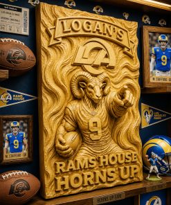 Hand-Carved Rams Wooden Wall Art – Custom Name