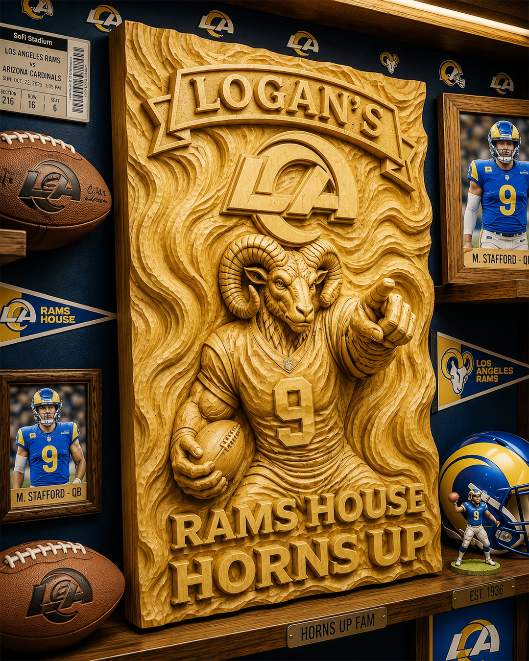 Hand-Carved Rams Wooden Wall Art – Custom Name