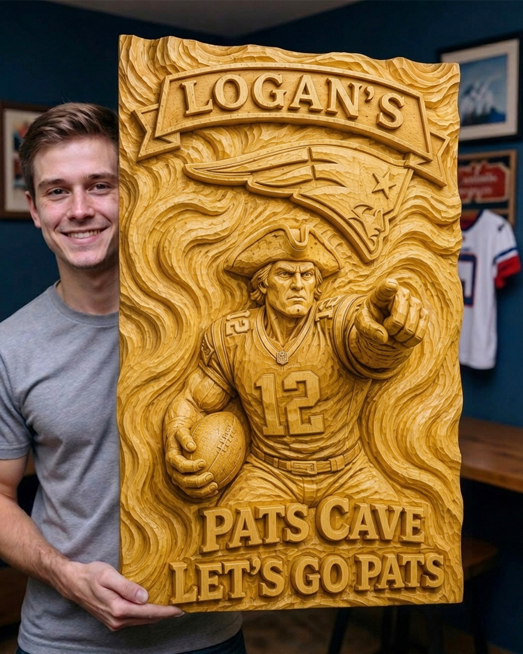 Hand-Carved Patriots Wooden Wall Art – Custom Name - Image 2