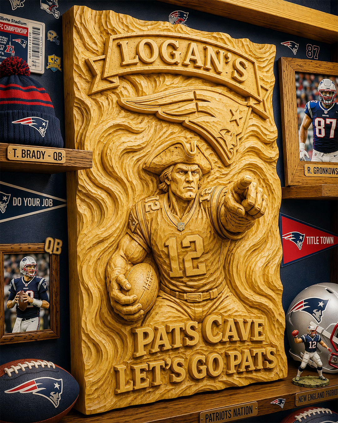 Hand-Carved Patriots Wooden Wall Art – Custom Name