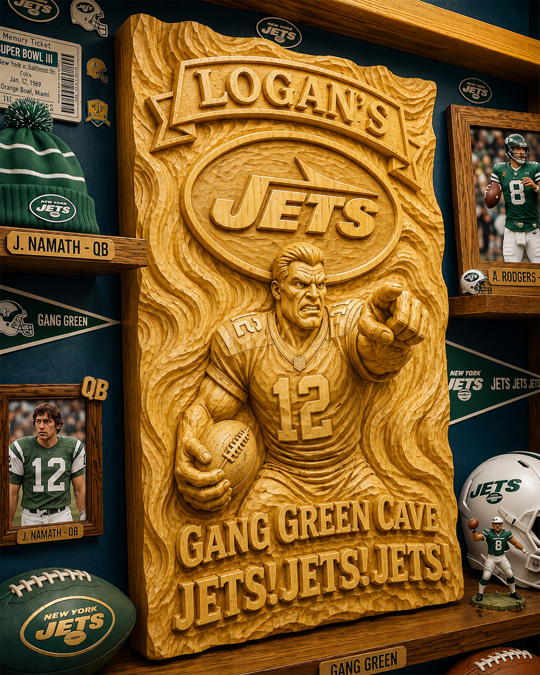 Hand-Carved Jets Wooden Wall Art – Custom Name