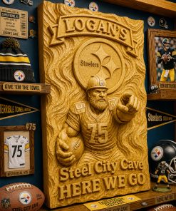 Hand-Carved Steelers Wooden Wall Art – Custom Name