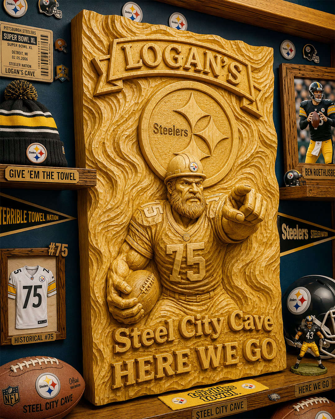 Hand-Carved Steelers Wooden Wall Art – Custom Name