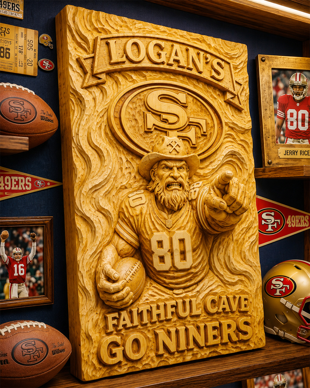 Hand-Carved 49ers Wooden Wall Art – Custom Name
