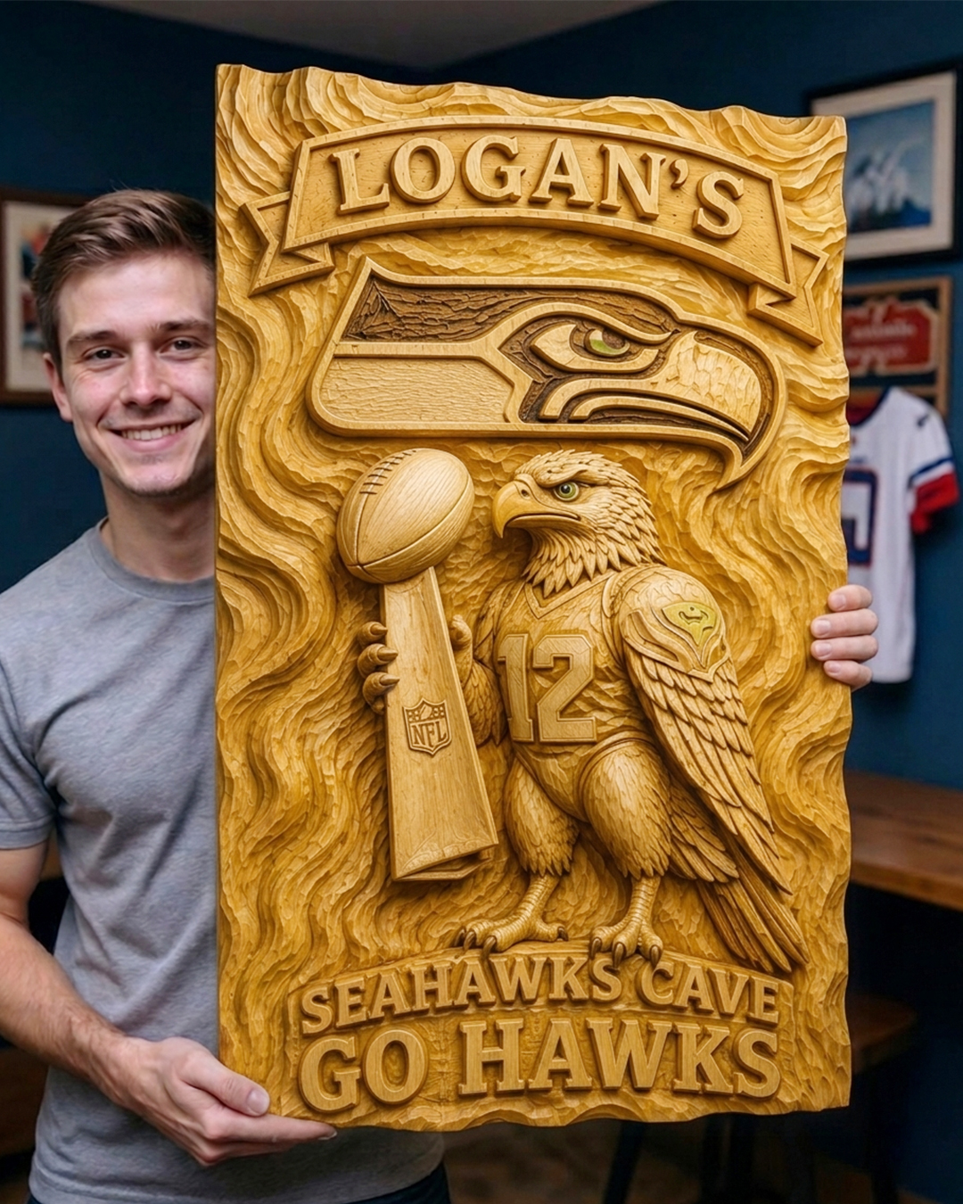 Hand-Carved Seahawks Wooden Wall Art – Custom Name | Limited Edition - Image 2