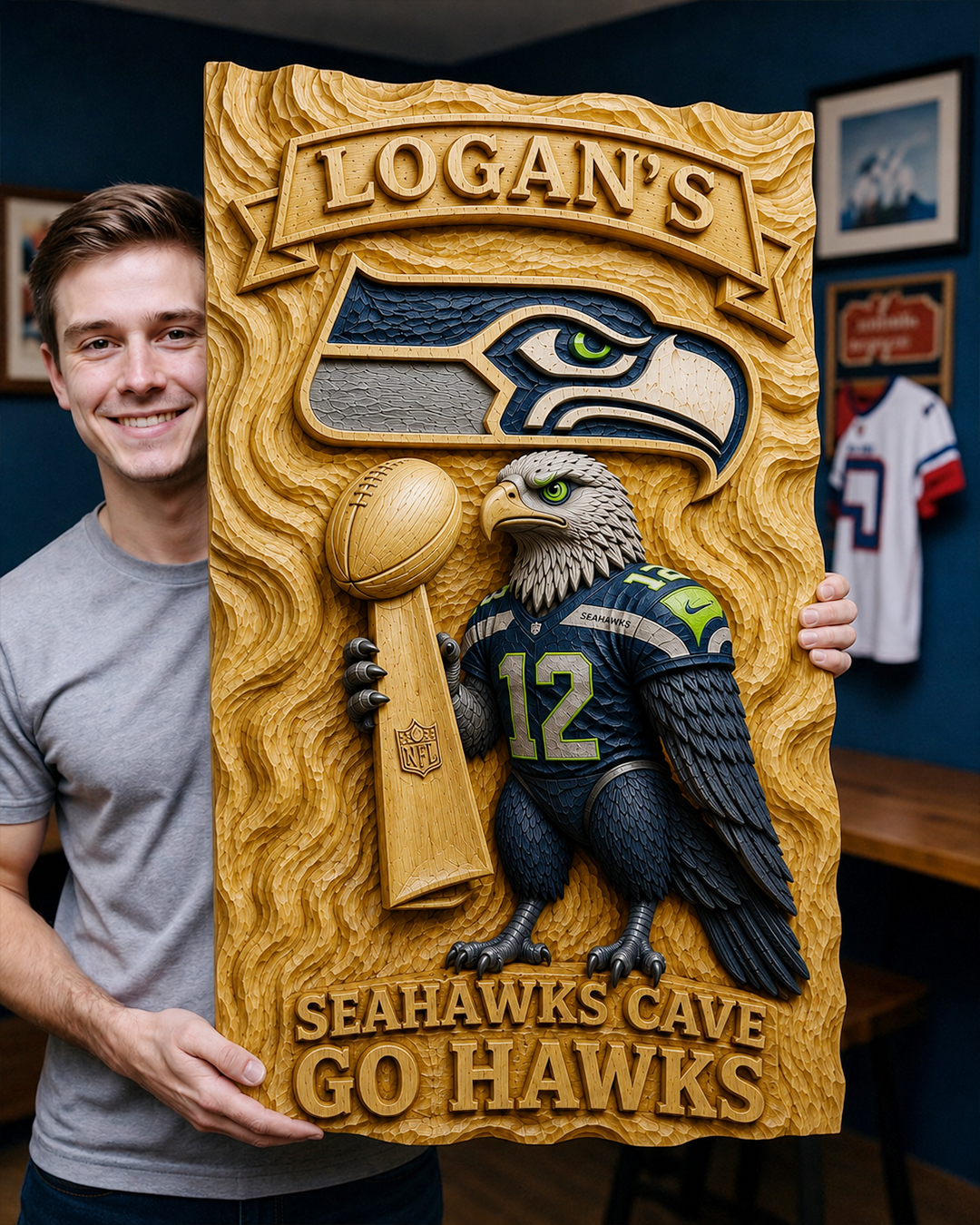 Hand-Carved Seahawks Wooden Wall Art – Custom Name | Limited Edition - Image 2