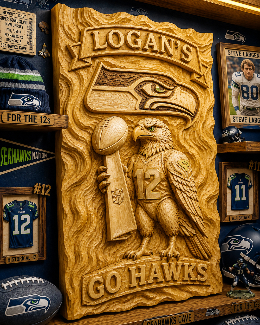 Hand-Carved Seahawks Wooden Wall Art – Custom Name | Limited Edition