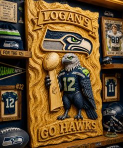 Hand-Carved Seahawks Wooden Wall Art – Custom Name | Limited Edition