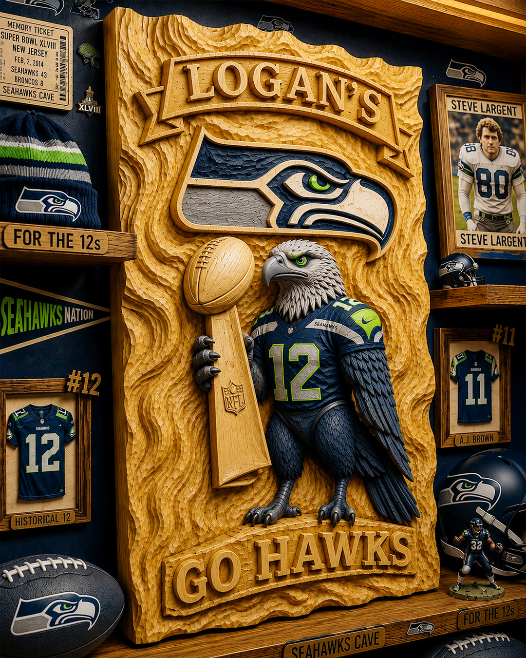 Hand-Carved Seahawks Wooden Wall Art – Custom Name | Limited Edition