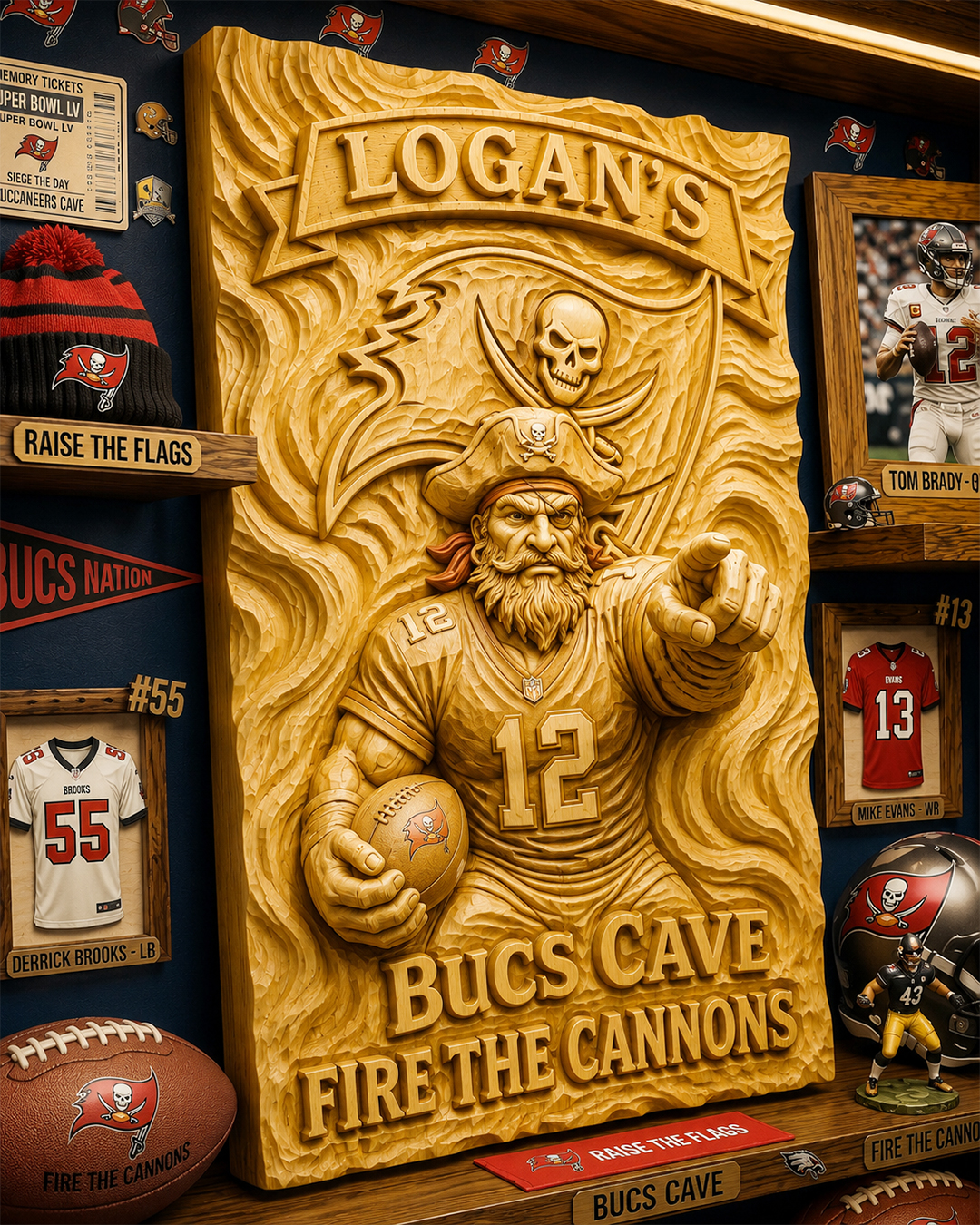 Hand-Carved Tampa Bay Buccaneers Wooden Wall Art – Custom Name