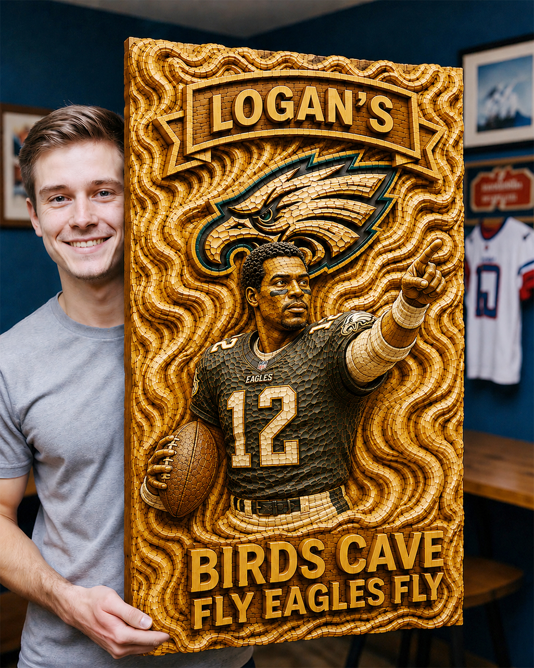 Hand-Carved Eagles Wooden Wall Art – Custom Carved Portrait of You, a Loved One, or Your Favorite Player - Image 4