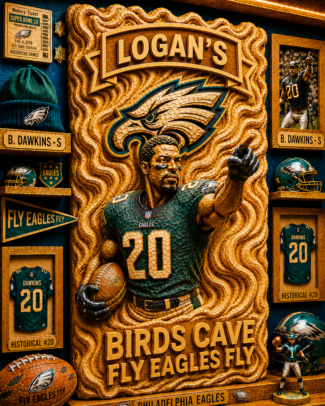 Hand-Carved Eagles Wooden Wall Art – Custom Carved Portrait of You, a Loved One, or Your Favorite Player