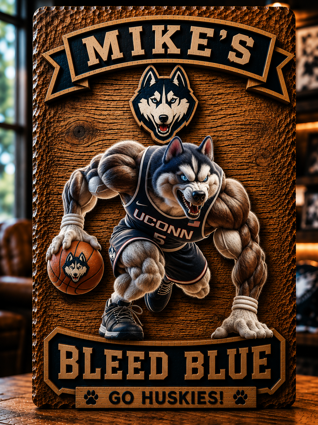 Hand-Carved Uconn huskies Wooden Wall Art – Custom Name Engraving